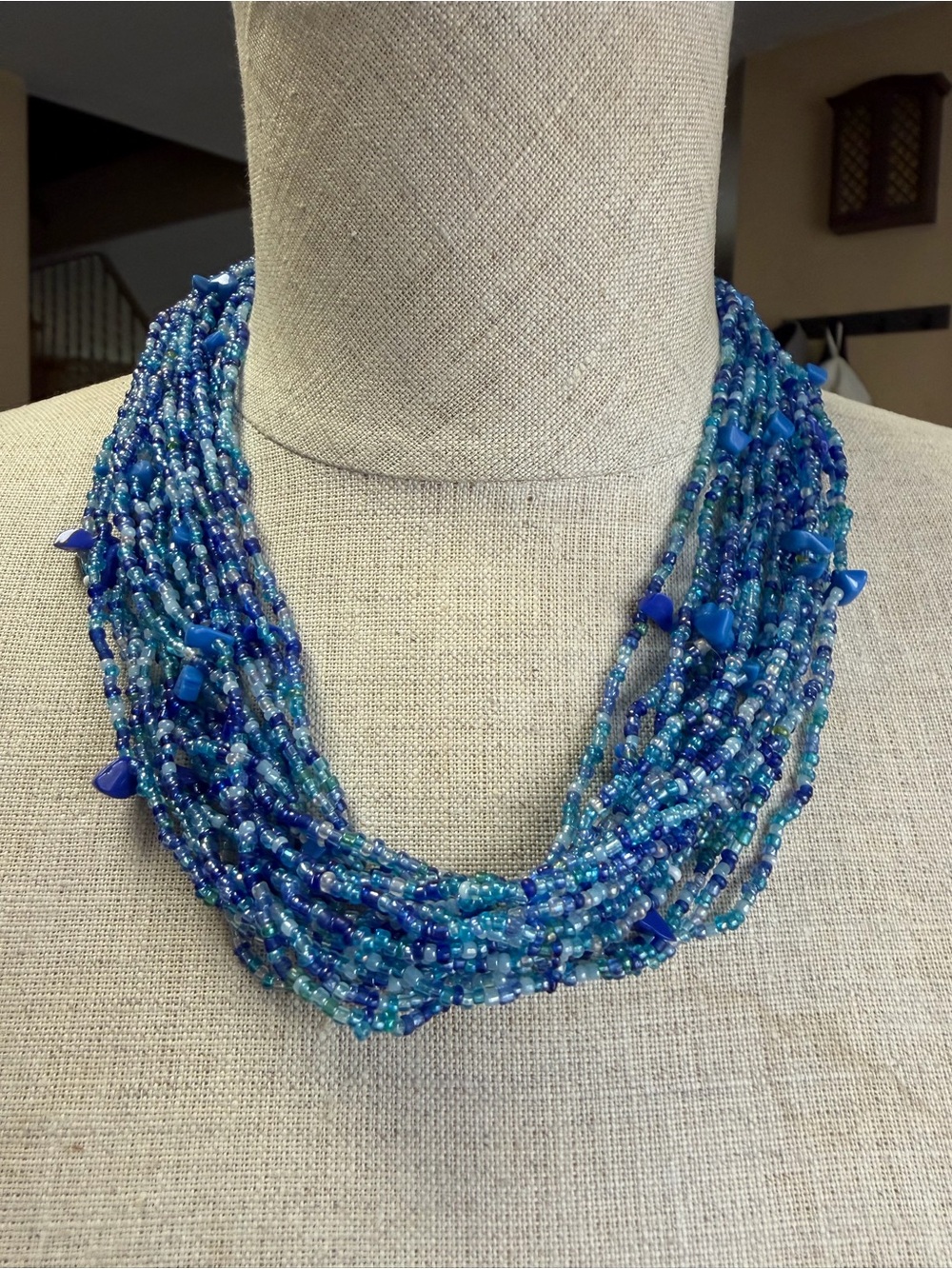Stunning Multi-Strand Blue Seed Bead Statement Necklace